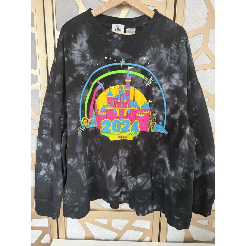 Walt Disneyland Neon Castle 2024 Black Tie Dye Sweatshirt Boxy‎ Womens Size 2XL